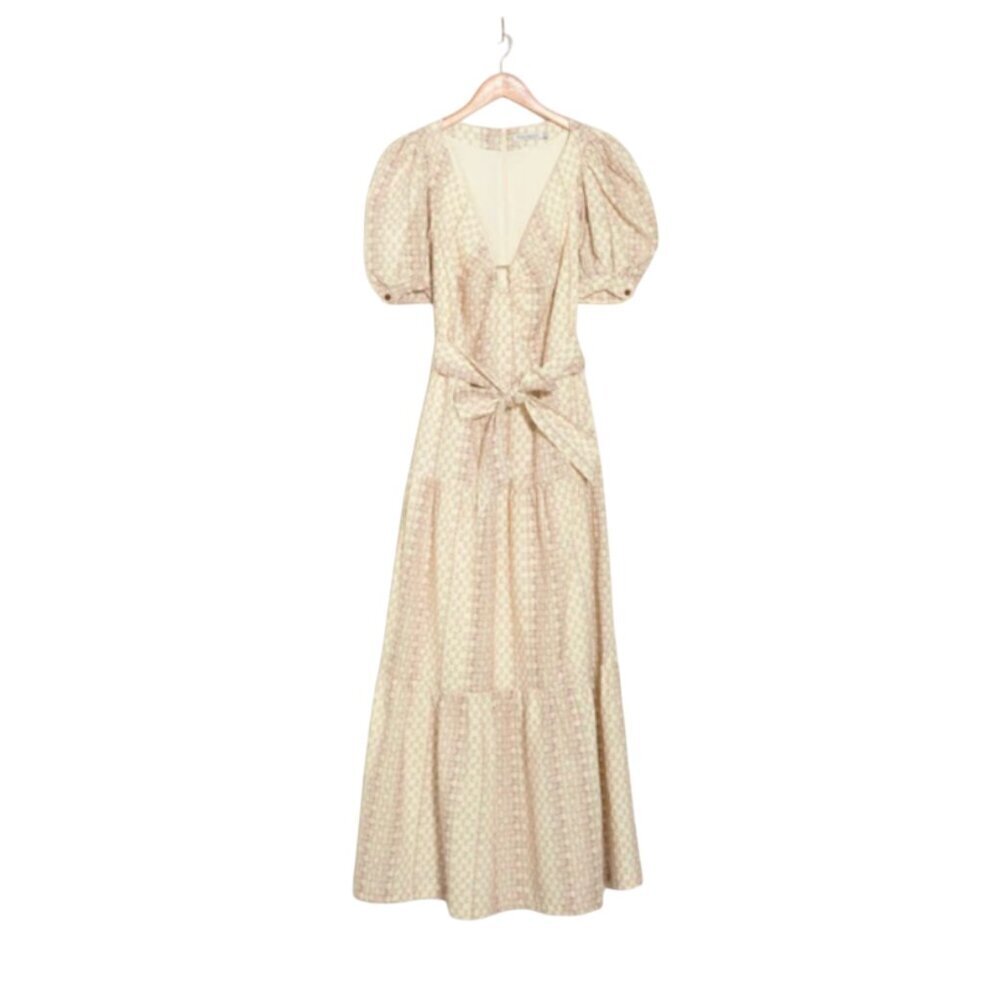 Mon Renn Basketweave Maxi Dress Womens XS Pink Short Puff Sleeve Scoop Neck Tier